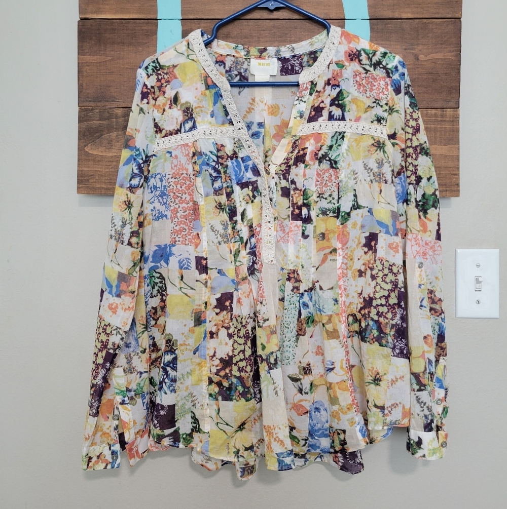 Maeve Floral Patchwork Lightweight Rolled Tab Sleeves Popover Peasant Top S/10